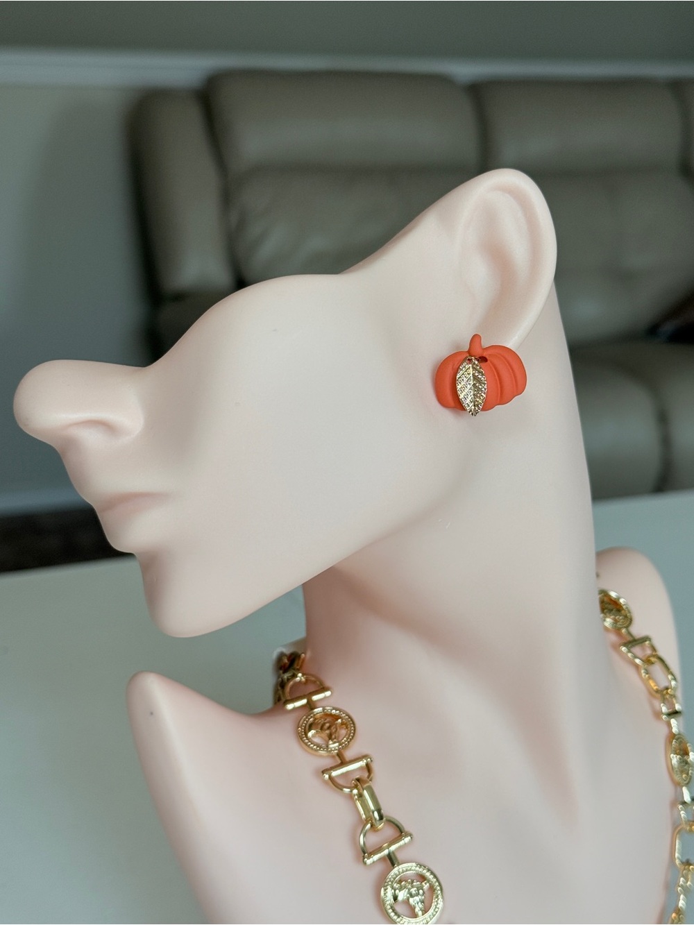 Gold Leaf Accent Orange Pumpkin Stud Earrings - Picture 3 of 12